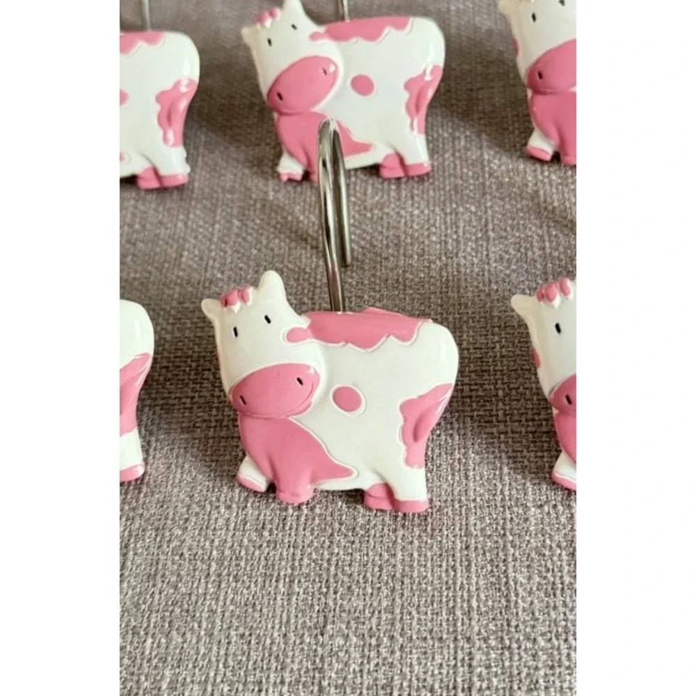 Shower Curtain Cow Resin hooks Set 12 Pink And White Farm Animal Bathroom Decor